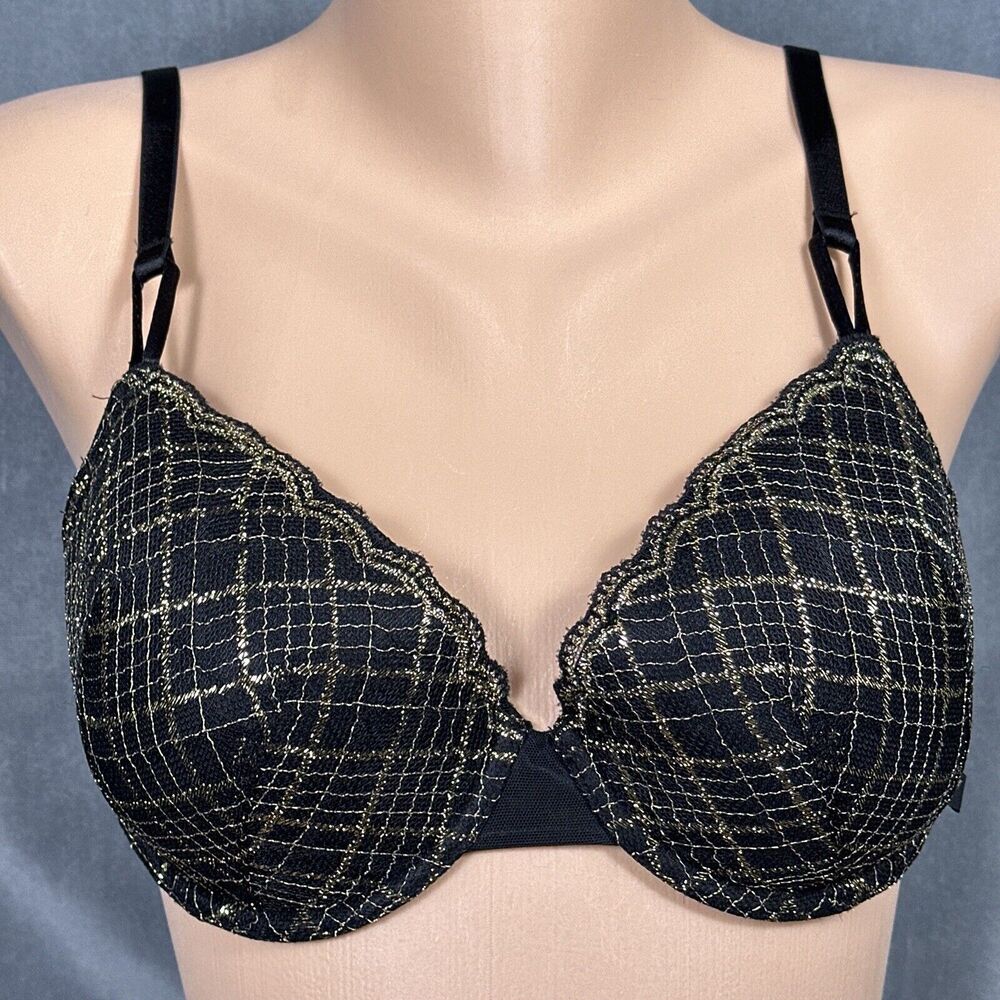 Victoria's Secret Lined Demi Bra Size 34D Black Gold Shiny Lace Underwire 858629